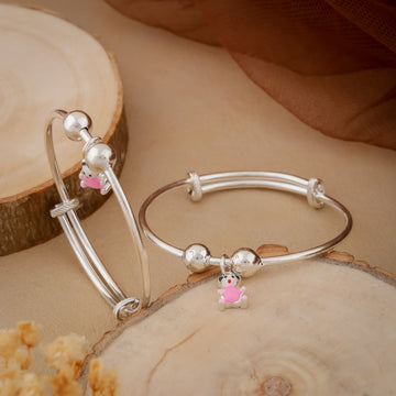 Silver Kids Kadli Bangles with Pink Teddy Charm – Adjustable Pair