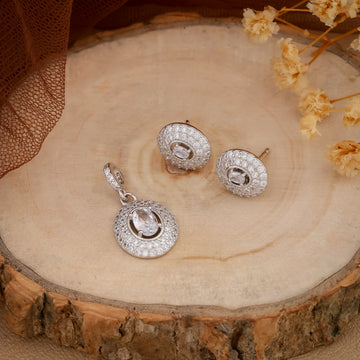 Elegant Oval Halo Silver Pendant & Earring Set