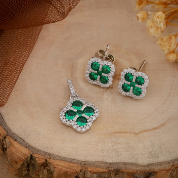 Emerald Blossom Silver Pendant & Earring Set