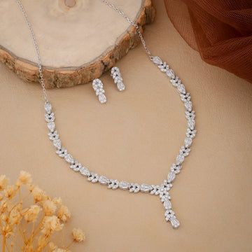 Elegant Leaf Design Silver Necklace Set with Earrings