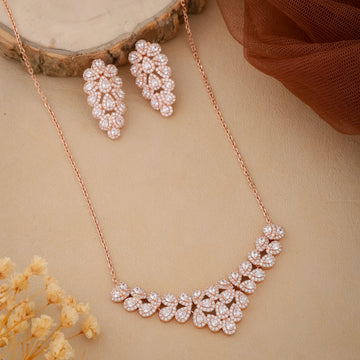 Rose Gold-Plated Floral Necklace Set with Earrings