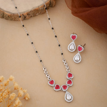 Silver Mangalsutra Necklace Set with Red Heart and Teardrop Stones