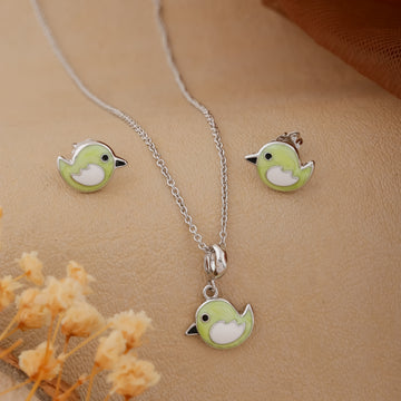 Cute Green Bird Pendant Chain & Earring Set for Kids