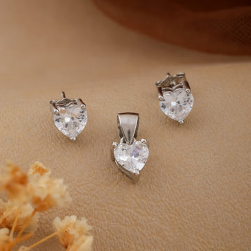 Silver Elegant Heart-Cut Solitaire Pendant & Earring Set