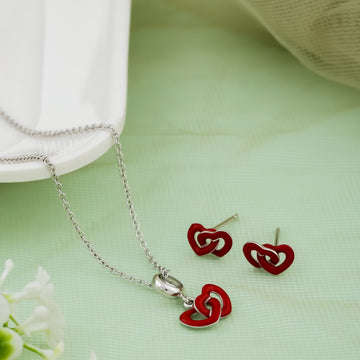 Kids' Silver Chain & Earring Set – Red Interlocked Hearts Design