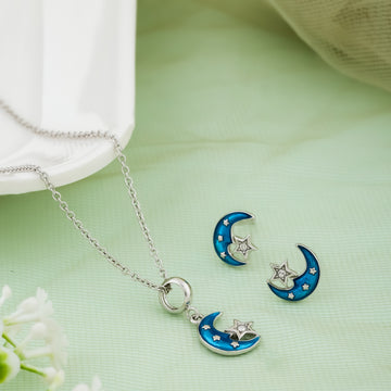 Kids' Silver Chain & Earring Set – Blue Moon & Star Design