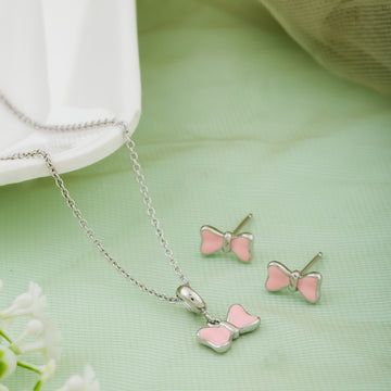 Kids' Pink Bow Charm Design Silver Chain & Earring Set