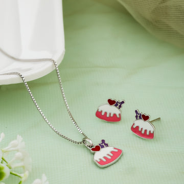 Kids' Pink Cupcake Charm Design Silver Chain & Earring Set