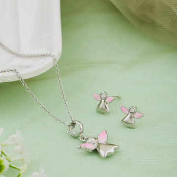 Silver Angel Charm Chain & Earring Set for Kids