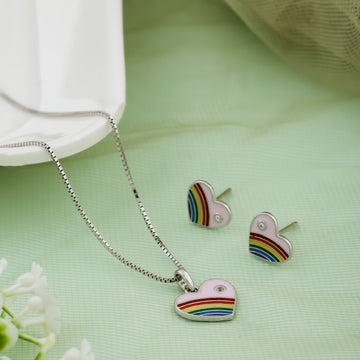 Kids' Rainbow Heart Charm Silver Chain & Earring Set Design