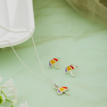 Rainbow Umbrella Charm Kids' Silver Chain & Earring Set