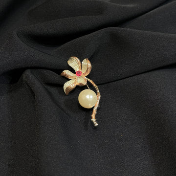 925 Silver Floral Brooch with Pearl & Ruby Accent
