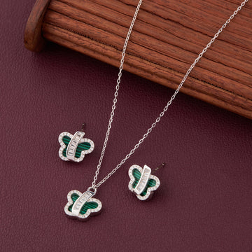 Emerald Flutter Silver Pendant & Earrings Set