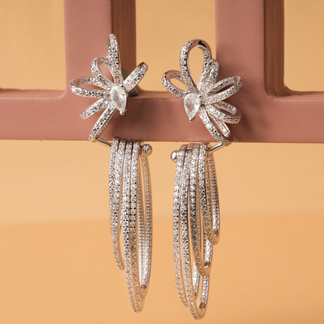 Glamorous Silver  Floral Hoop Dangler Earrings with Cubic Zirconia