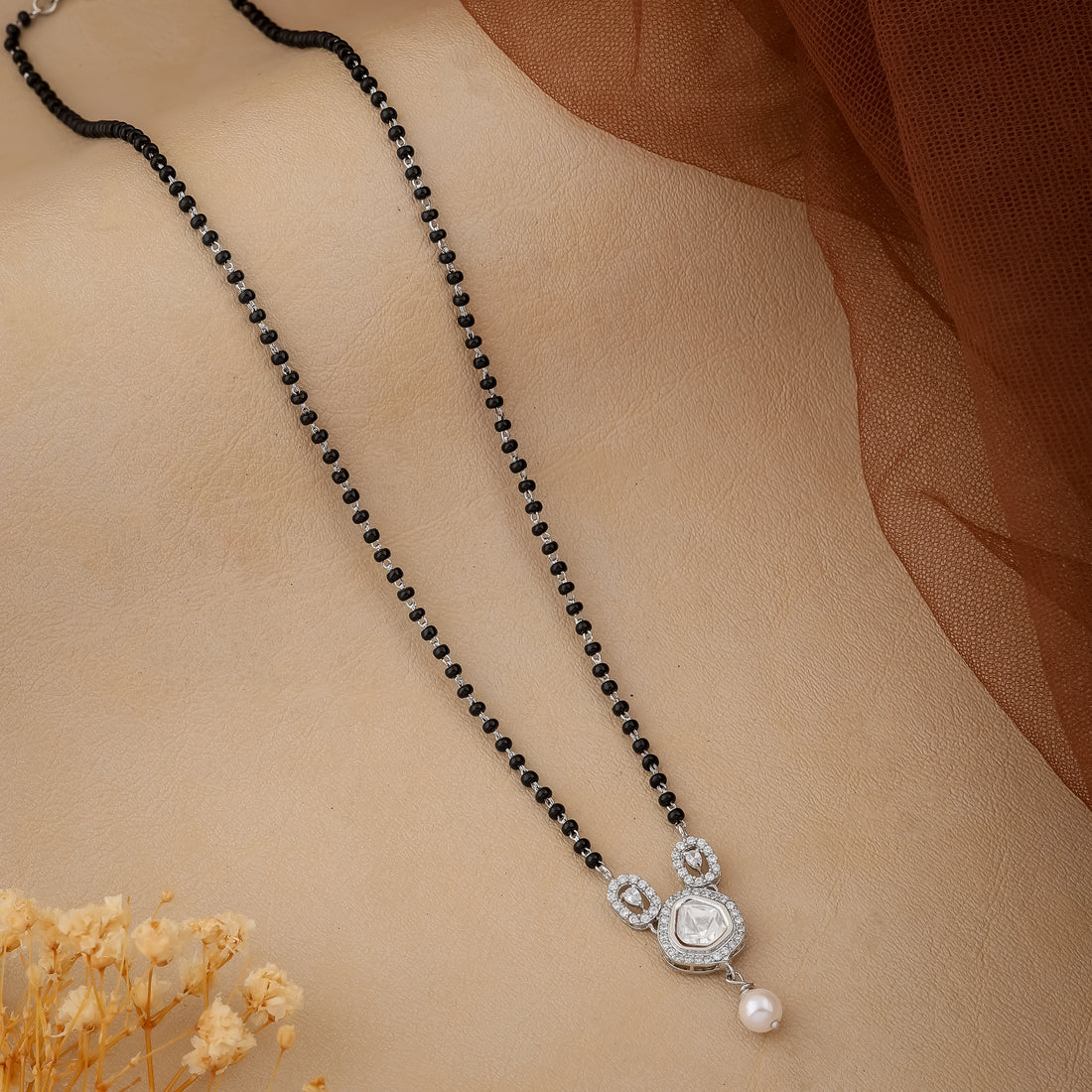 Elegant Silver Mangalsutra with CZ Pendant & Pearl Drop