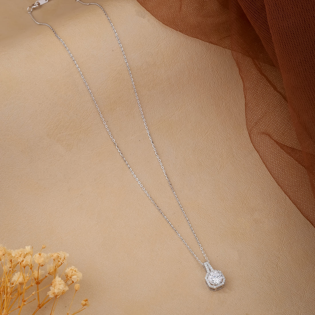 Silver Drop Solitaire Pendant with Anchor Chain