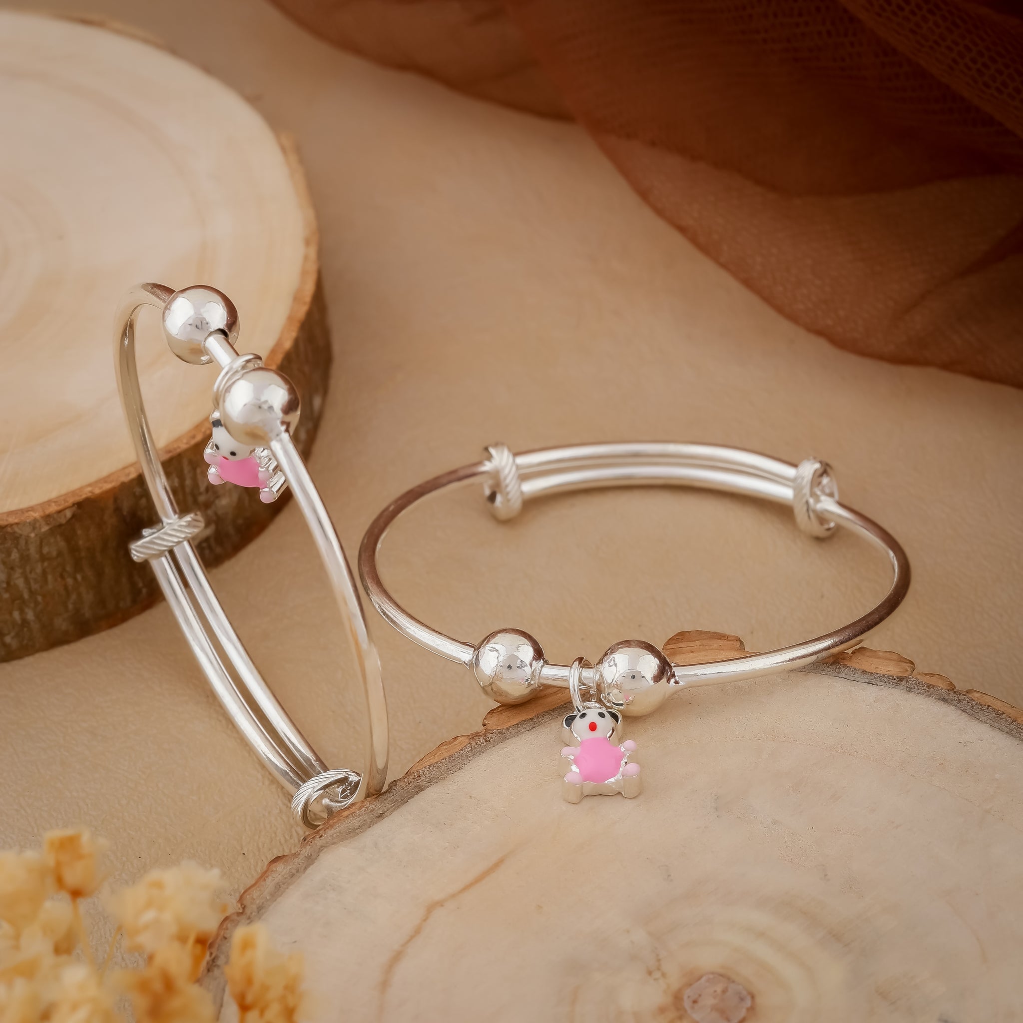 Silver Kids Kadli Bangles with Pink Teddy Charm – Adjustable Pair