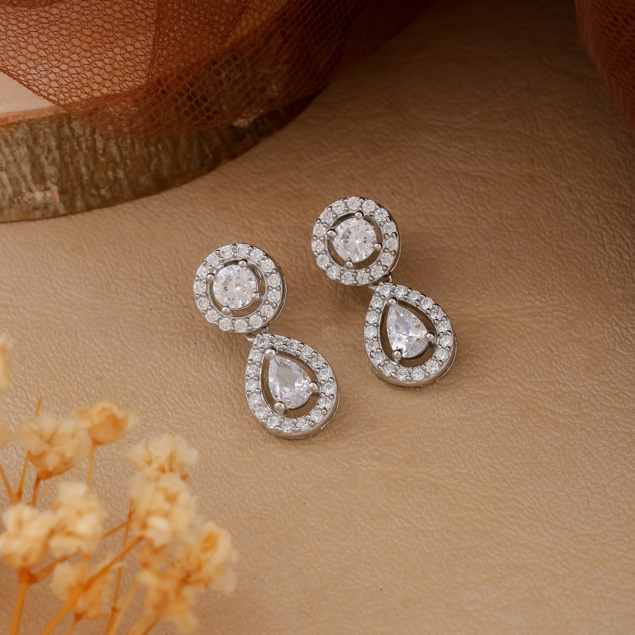Elegant Teardrop Halo Silver Earrings