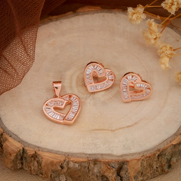 Rose Gold-Toned Heart Baguette Pendant & Earring Set