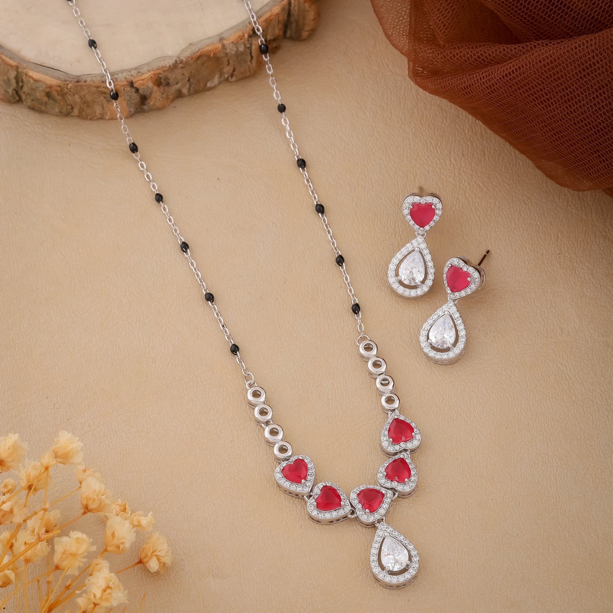 Silver Mangalsutra Necklace Set with Red Heart and Teardrop Stones