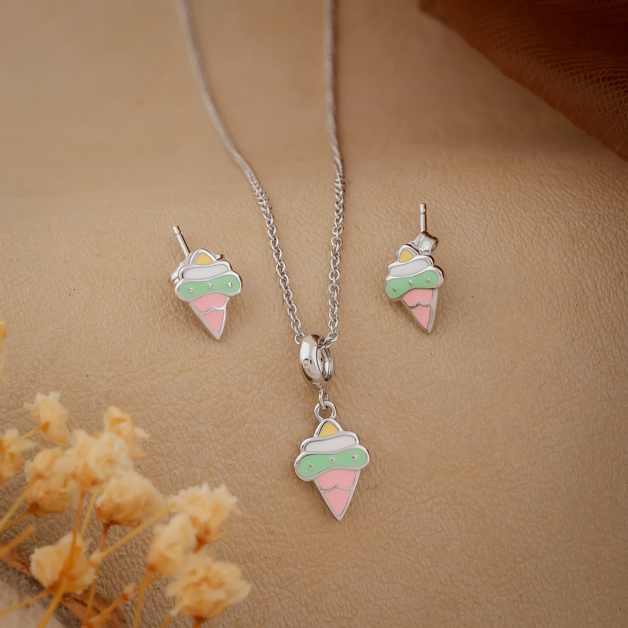 Colorful Ice Cream Silver Pendant Chain & Earring Set for Kids