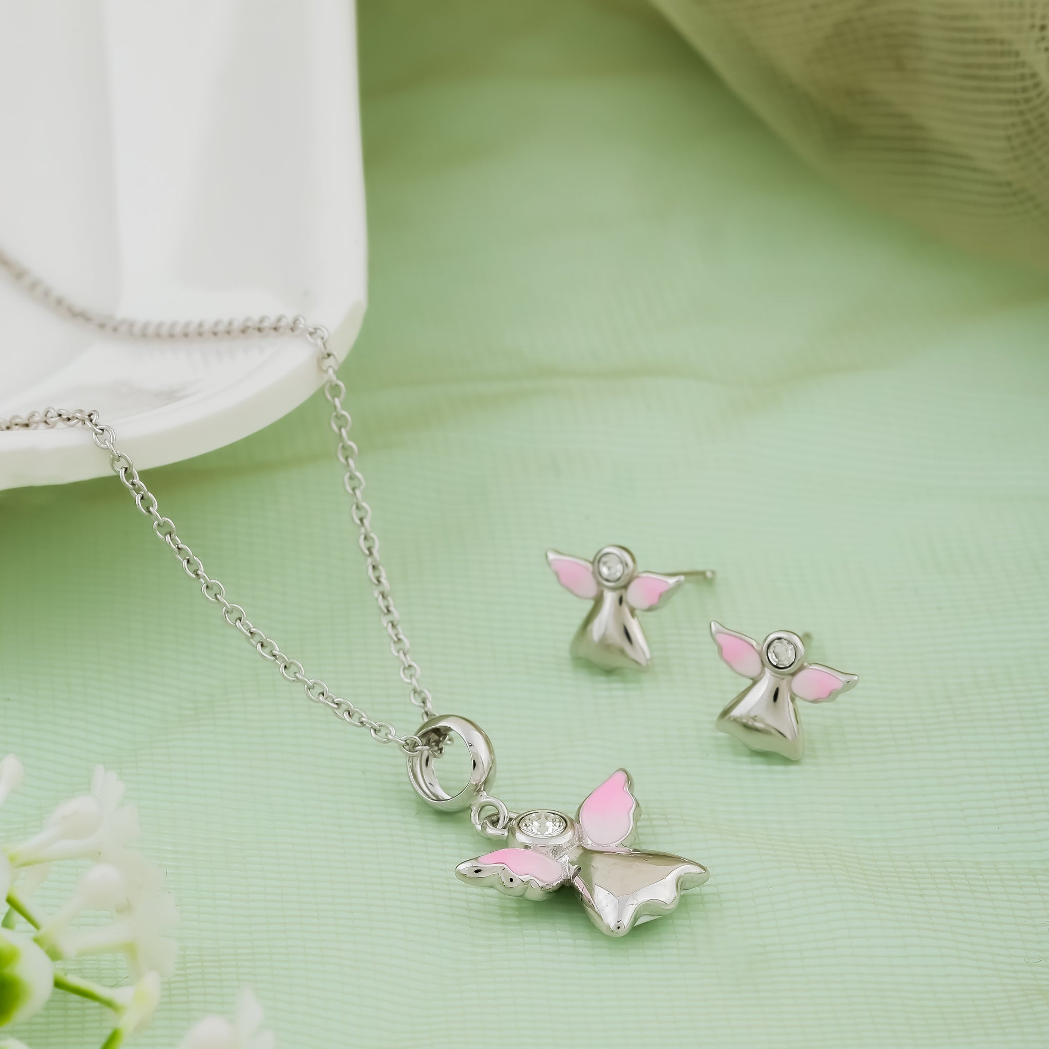 Silver Angel Charm Chain & Earring Set for Kids