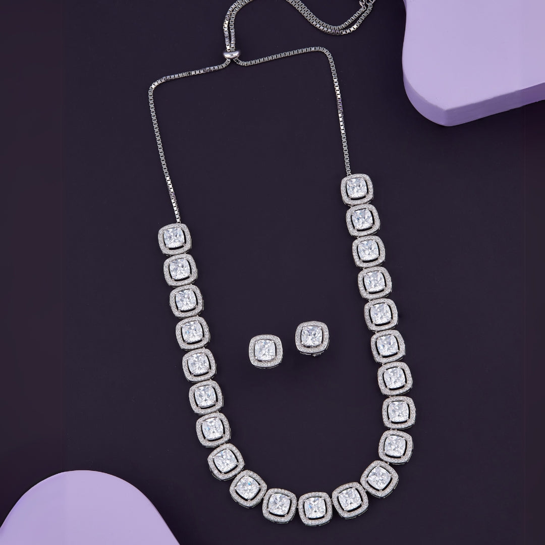 Regal Gleam Square-Cut Silver Necklace & Earrings Set