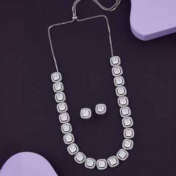 Regal Gleam Square-Cut Silver Necklace & Earrings Set