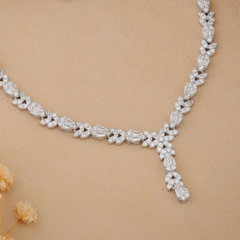 Elegant Leaf Design Silver Necklace Set with  Earrings