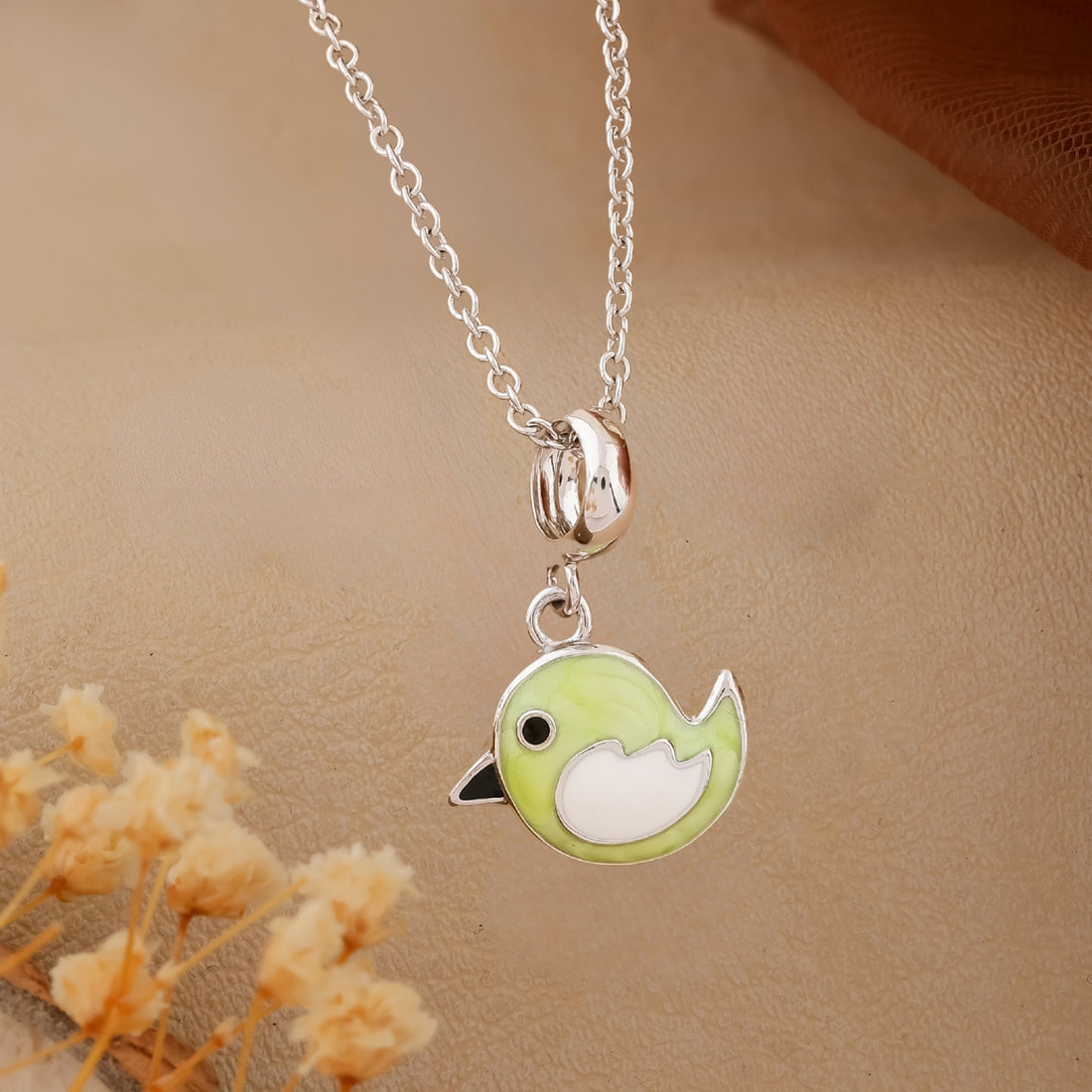 Cute Green Bird Pendant Chain & Earring Set for Kids