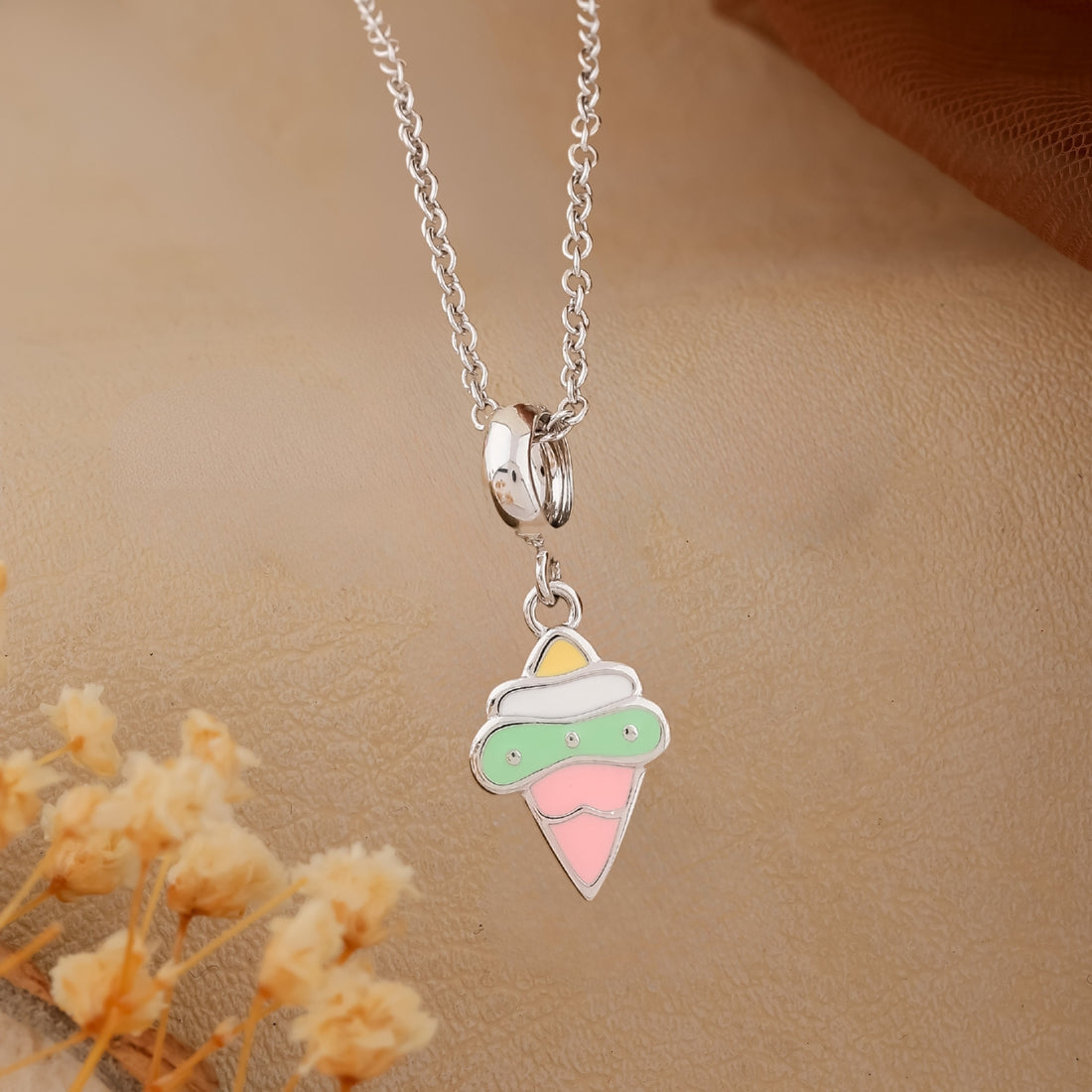 Colorful Ice Cream Silver Pendant Chain & Earring Set for Kids