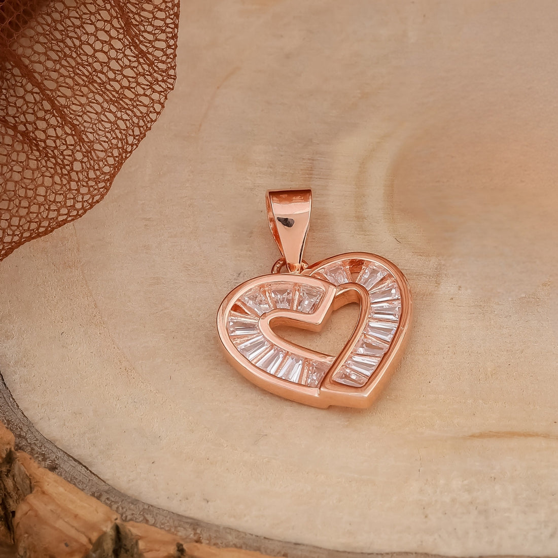 Rose Gold-Toned Heart Baguette Pendant & Earring Set