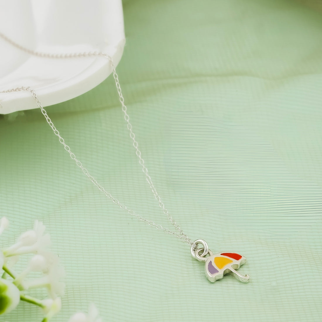 Rainbow Umbrella Charm Kids' Silver Chain & Earring Set