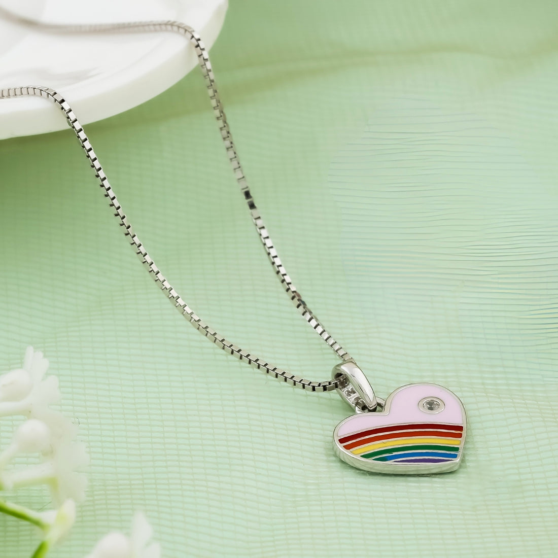 Kids'  Rainbow Heart Charm Silver Chain & Earring Set Design