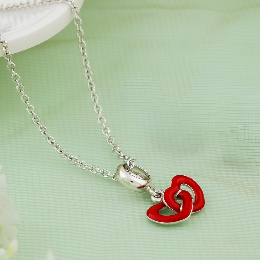 Kids' Silver Chain & Earring Set – Red Interlocked Hearts Design