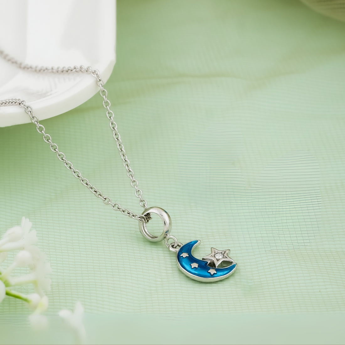 Kids' Silver Chain & Earring Set – Blue Moon & Star Design
