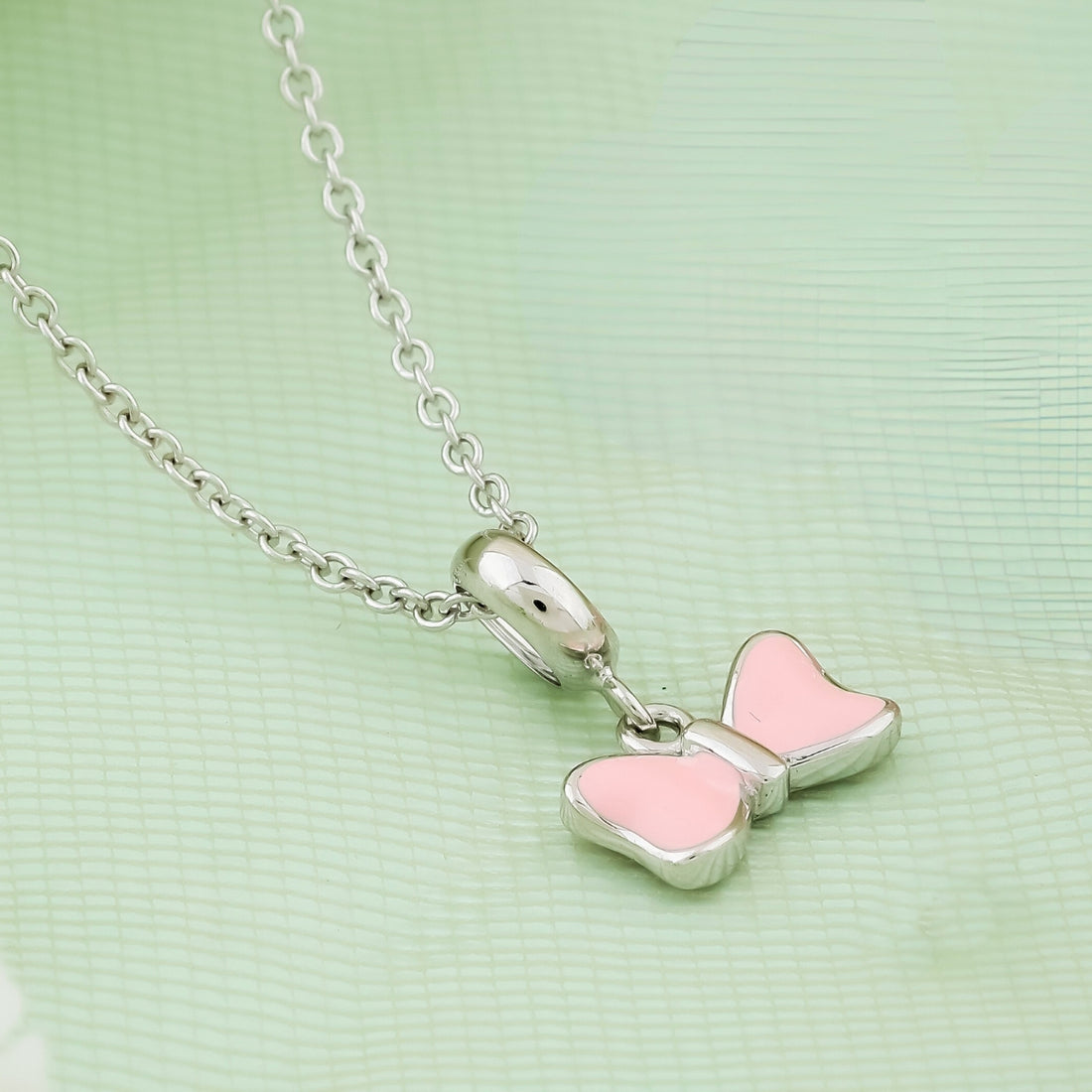 Kids' Pink Bow Charm Design Silver Chain & Earring Set