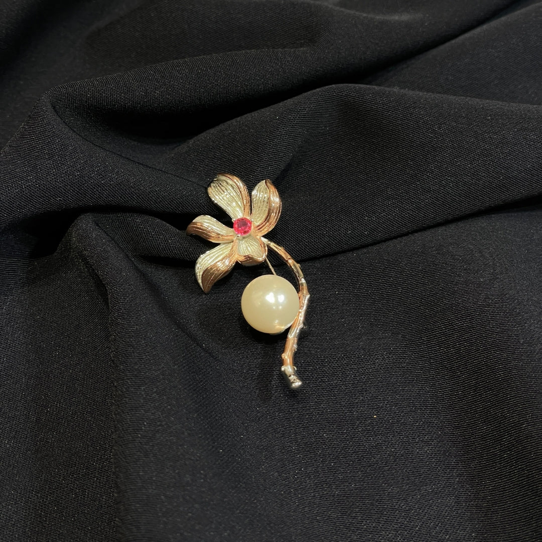925 Silver Floral Brooch with Pearl & Ruby Accent
